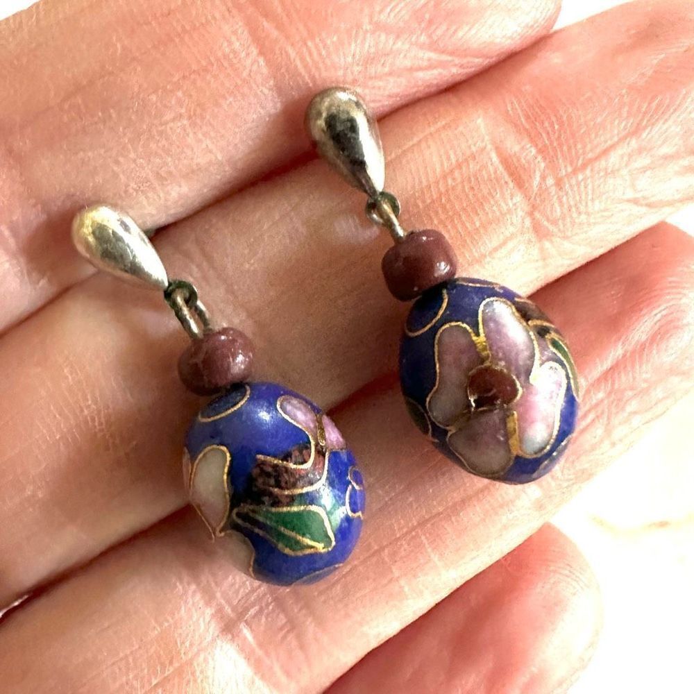 Cloisonné small post drop vintage earrings